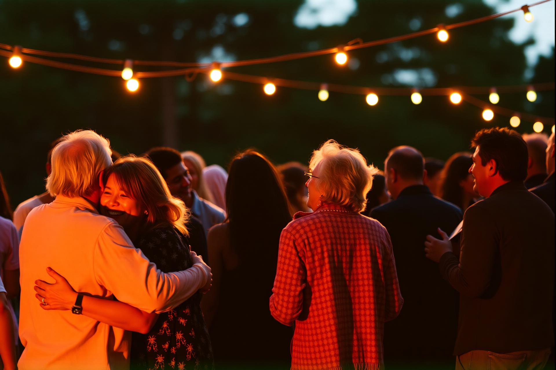 Friends embracing under string lights