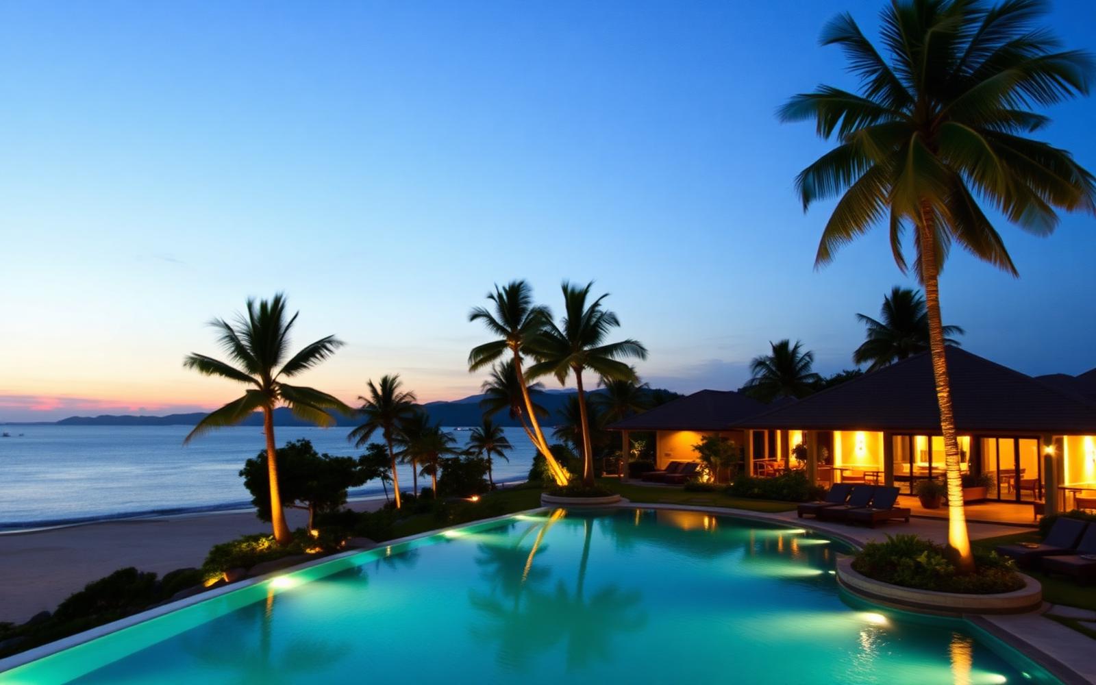Beachfront resort in Phuket at dusk